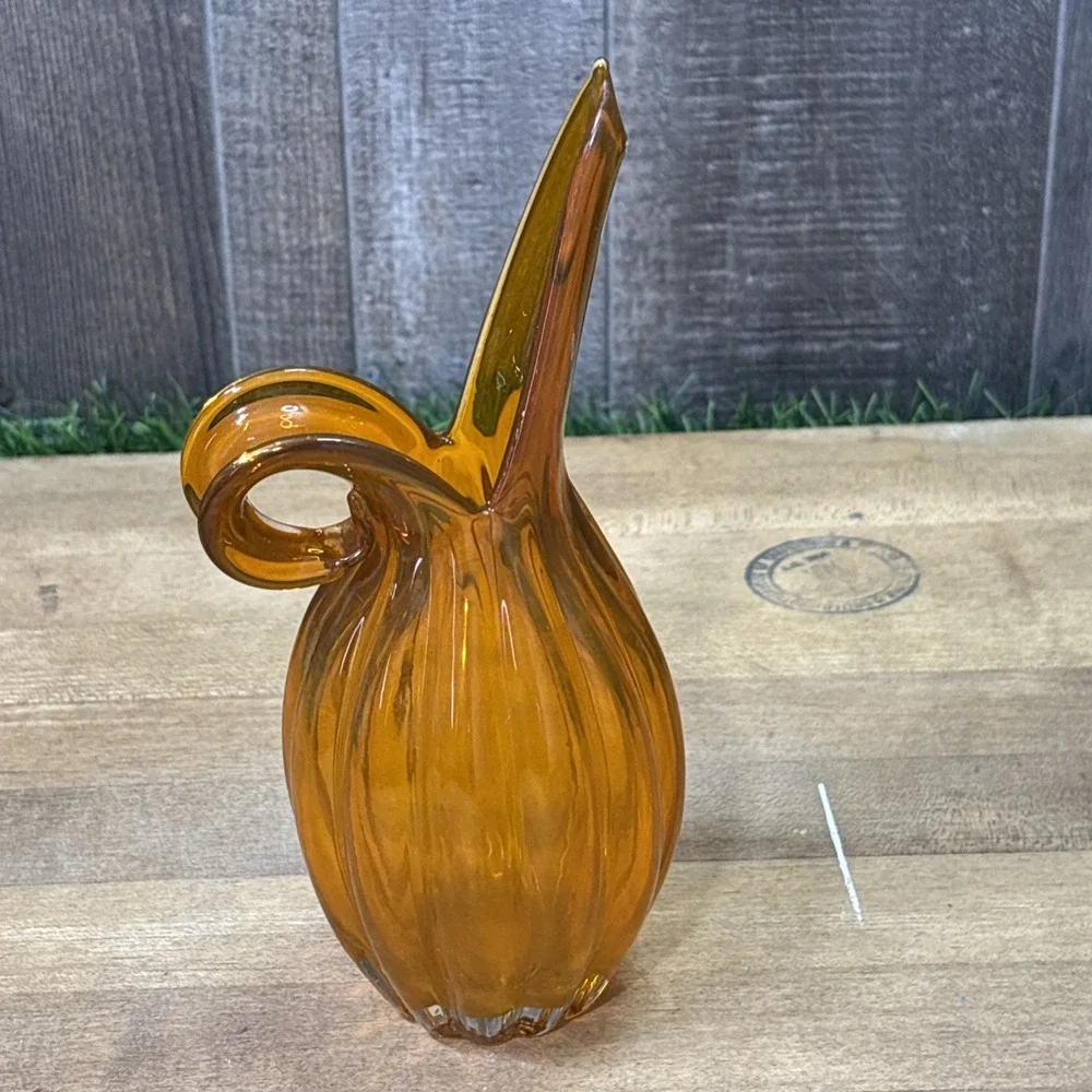Vintage MCM Amber Tangerine Art Glass Pitcher Vase Ribbed Loop Handle Italian